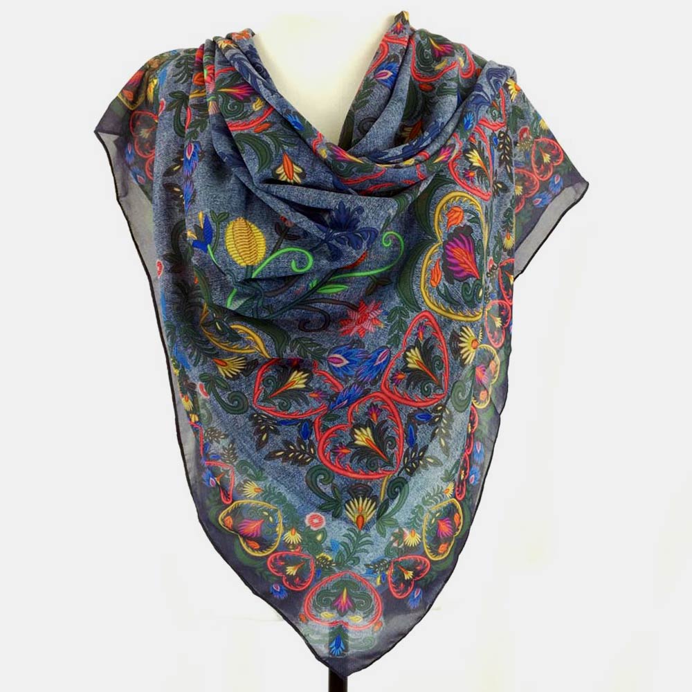 Folk Art Floral Blue Chiffon Shawl Scarf - deb schlier studio