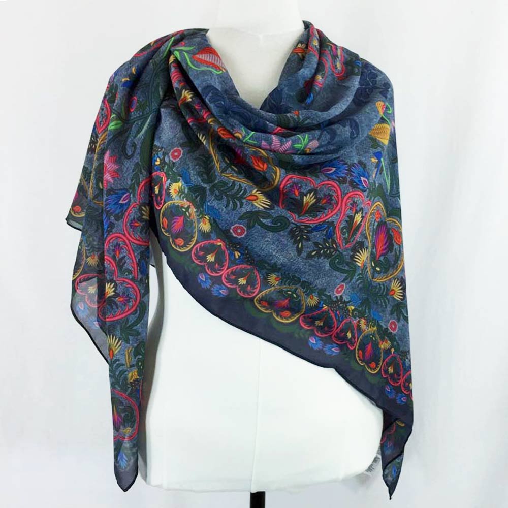 Folk Art Floral Blue Chiffon Shawl Scarf - deb schlier studio