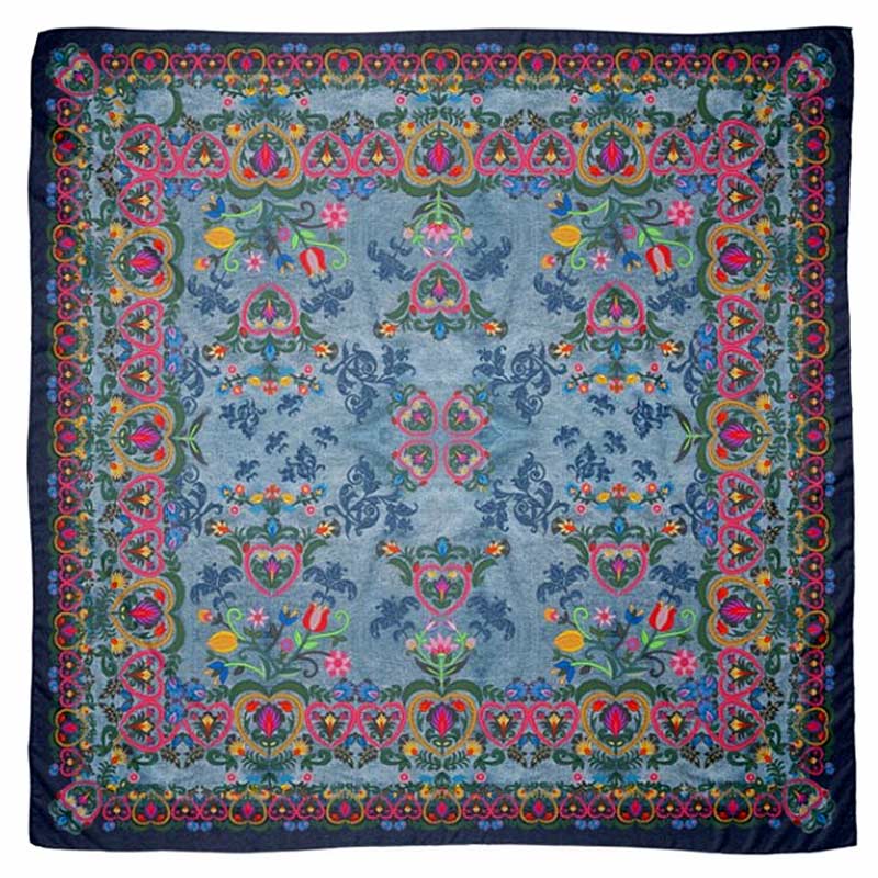 Folk Art Floral Blue Chiffon Shawl Scarf