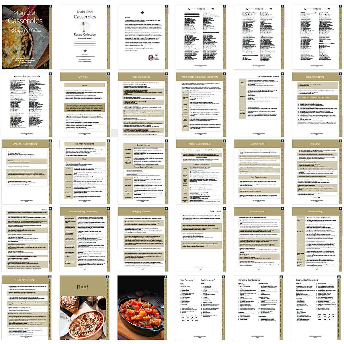 Collection of recipe cards for Home Cooked Casseroles with various dishes listed.
