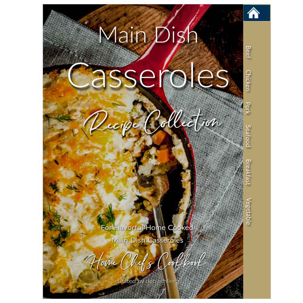 Cookbook cover for 'Main Dish Casseroles Recipe Collection' with a casserole dish on a wooden table.