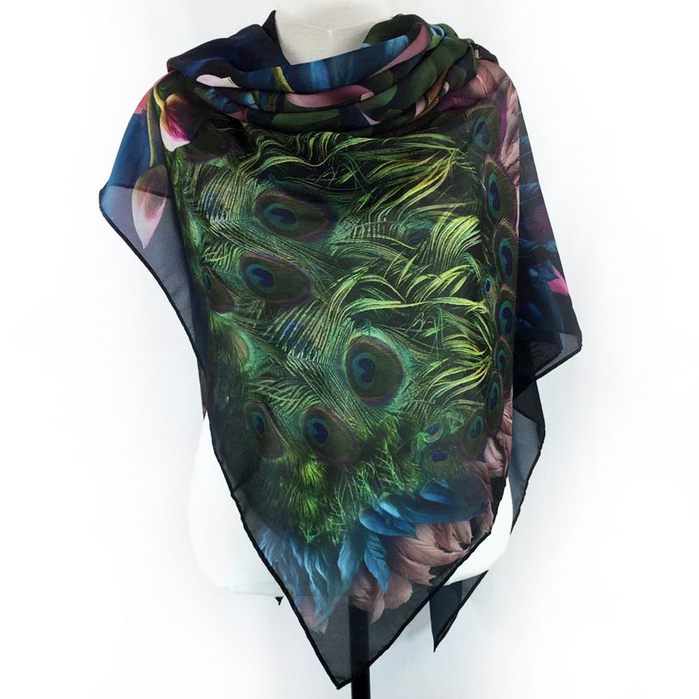 Peacock Feathers Square Chiffon Scarf - deb schlier studio